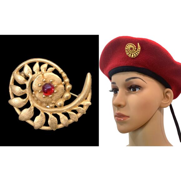 80s Matte Gold Shell Brooch w Red Cabochon Glass Stone | 1.5" x 1 1/8" - Picture 8 of 9